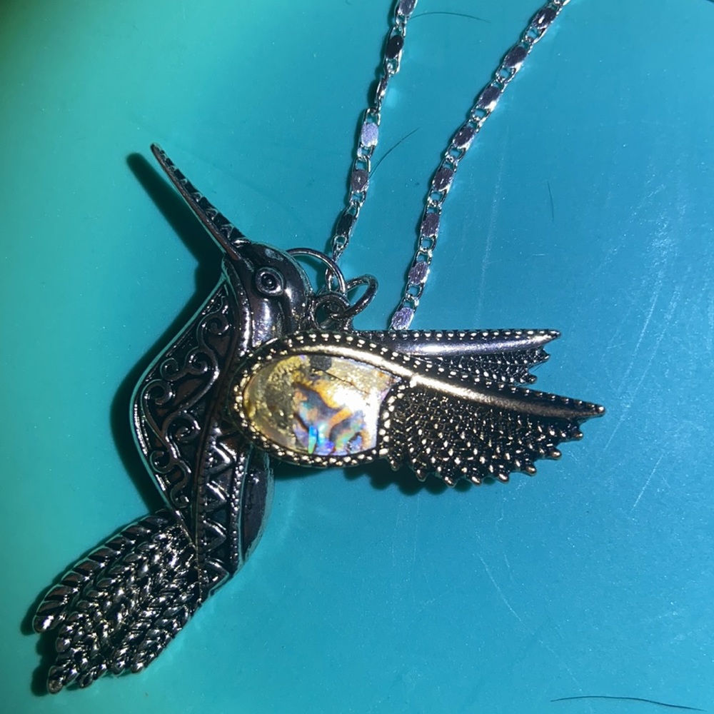 Iridescent opal Humming Bird In Flight Pendant